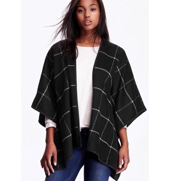 Old Navy wool blend plaid poncho top black white size XL-XXL - Picture 1 of 6